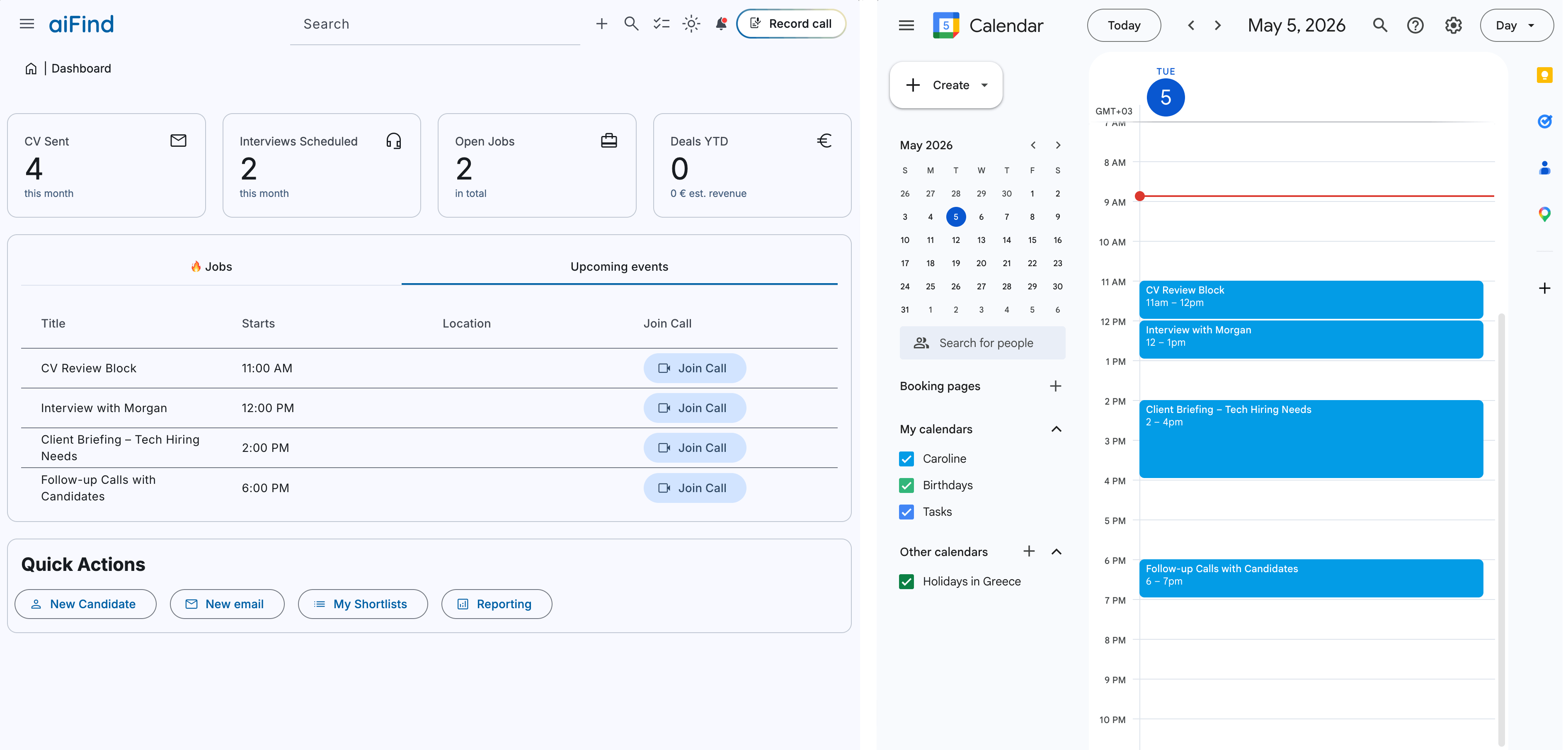 Split view of events in aiFind dashboard and Google Calendar, showing same events in both.