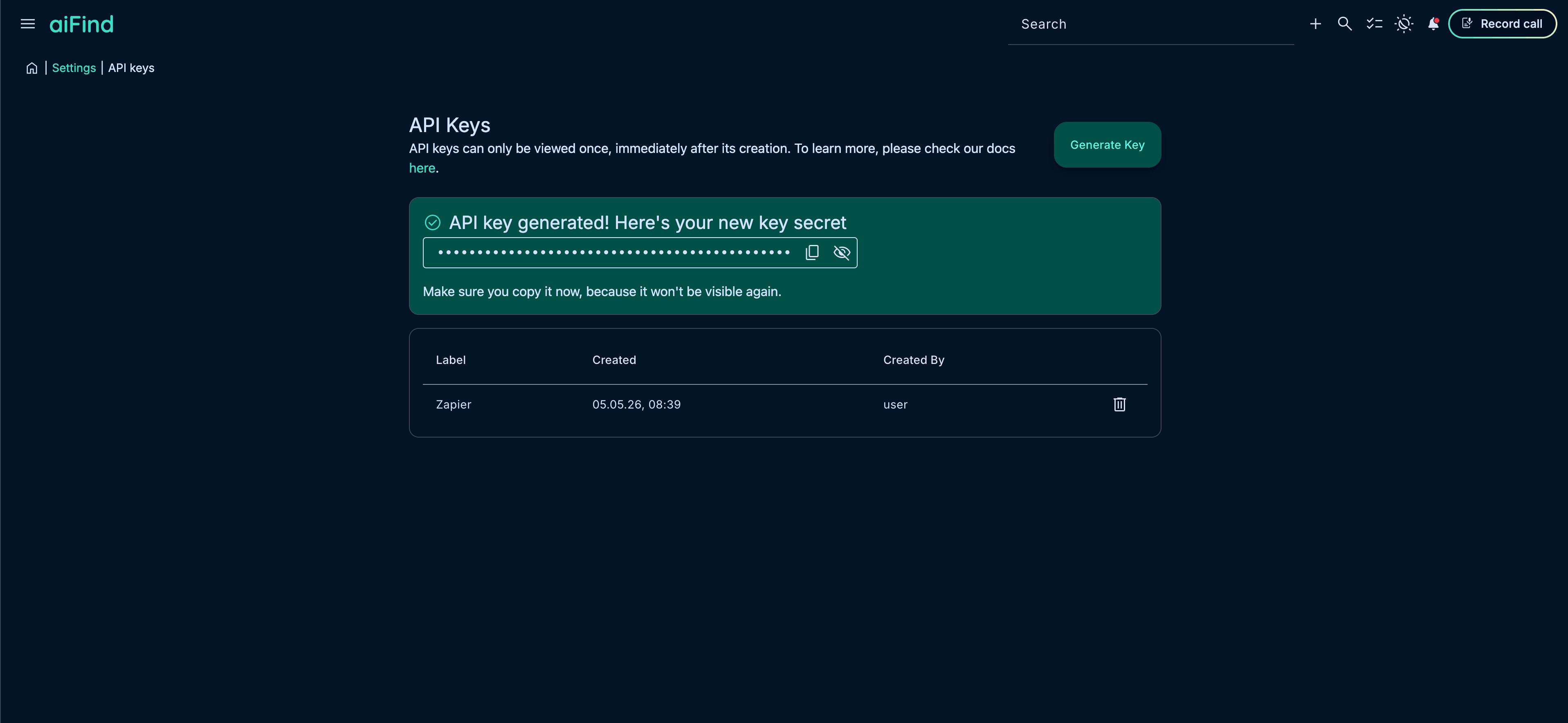 API key management interface