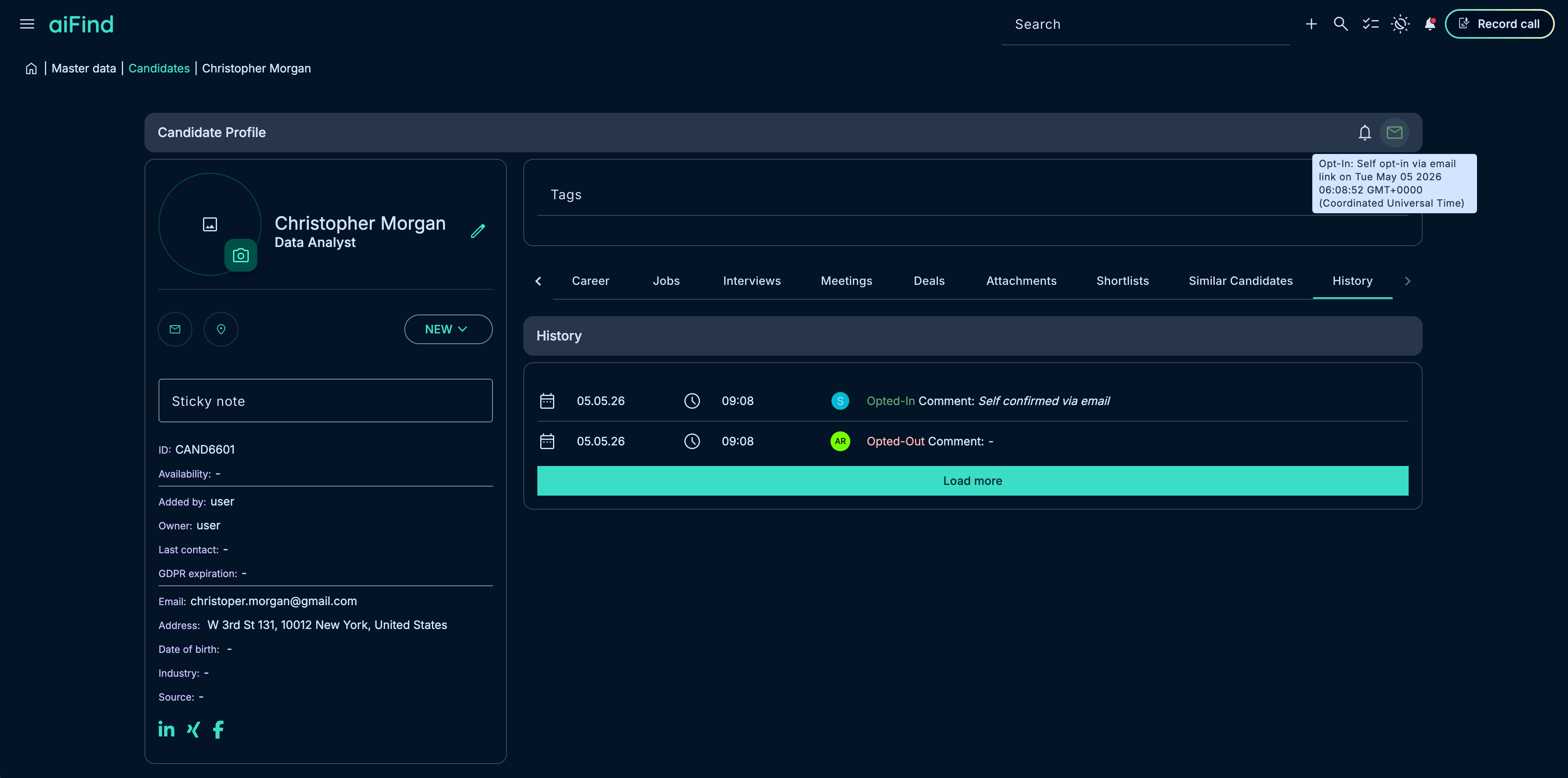 Screenshot of a candidate profile showing opt-in status, timestamps, and detailed consent history.