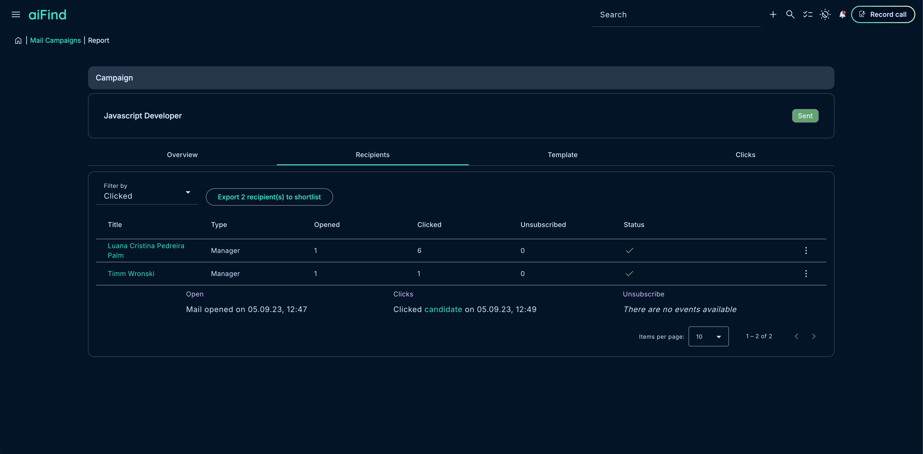 aiFind mail campaign report showing clicked recipients, open and click counts, unsubscribe status, and export controls.